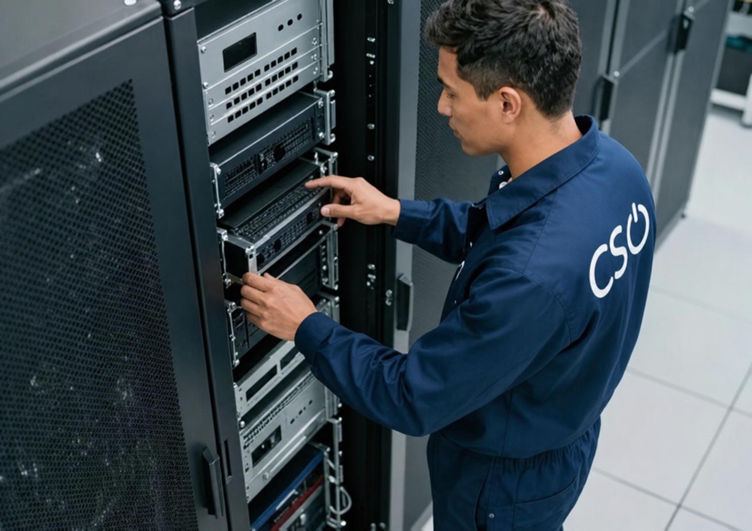 Técnico da CSO Technologies verificando rack de rede e câmeras de segurança